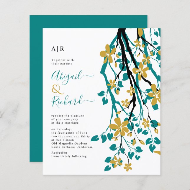 BUDGET Teal blue, gold floral wedding invitation (Front/Back)