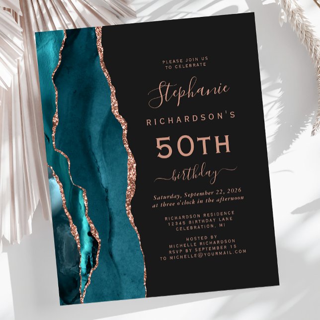 Budget Teal Blue Rose Gold Agate 50th Birthday (Creator Uploaded)