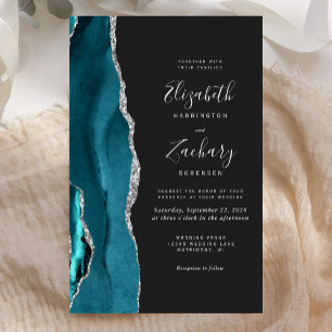 Budget Teal Blue Silver Agate Dark Wedding Invite