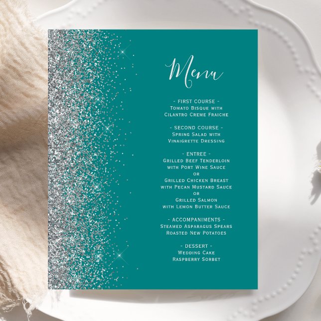 Budget Teal Blue Silver Glitter Edge Wedding Menu (Creator Uploaded)