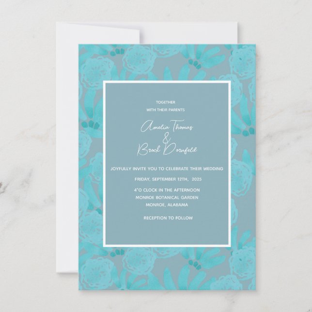 Budget Teal Blue Watercolor Design Wedding Invite (Front)