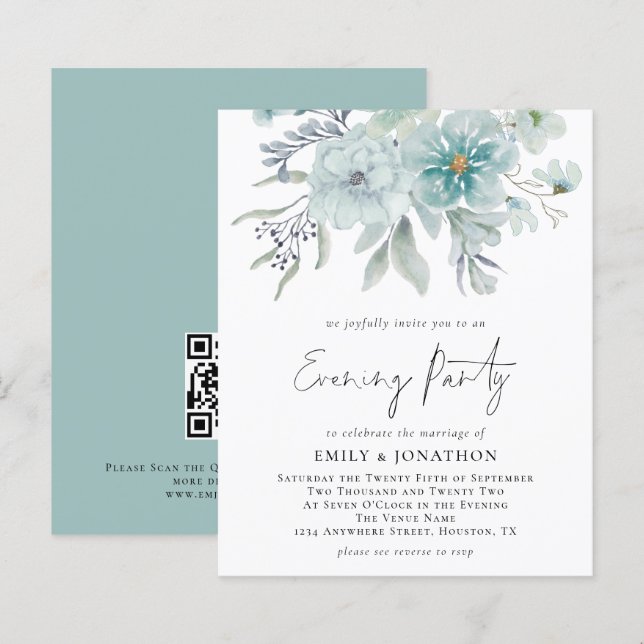 Budget Teal Florals QR Code Wedding Evening Party (Front/Back)