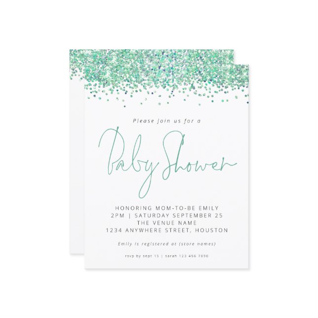 Budget Teal Glitter Baby Shower Invitation (Front/Back In Situ)