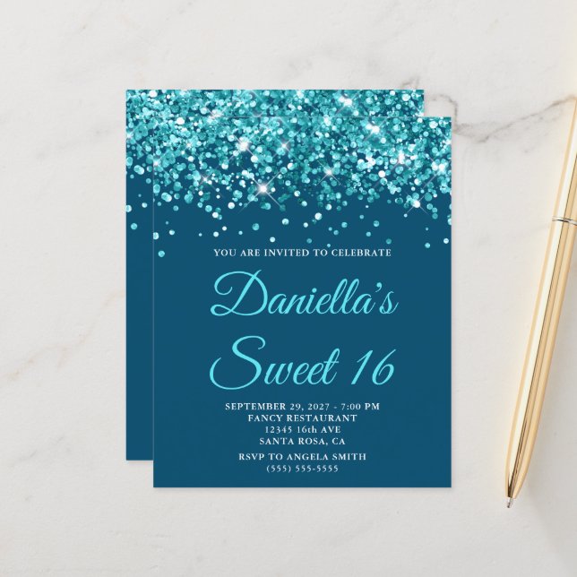 Budget Teal Glitter Ocean Blue Sweet 16 Invite (Front/Back In Situ)