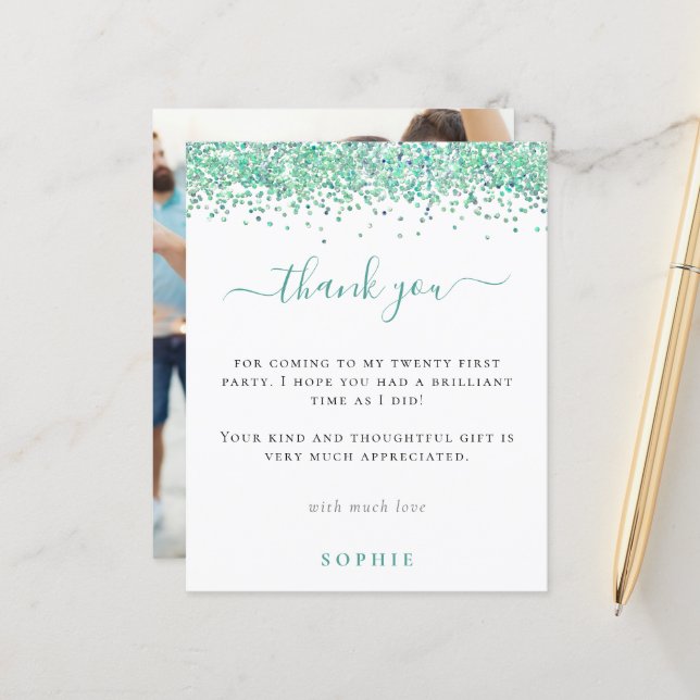 Budget Teal Glitter Photo 21st Party Thank You (Front/Back In Situ)