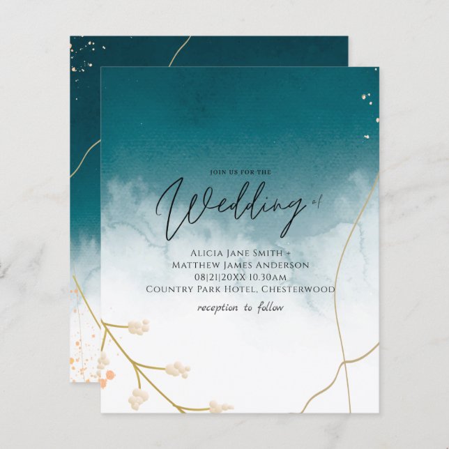 BUDGET Teal Gold Abstract Wedding Invite (Front/Back)