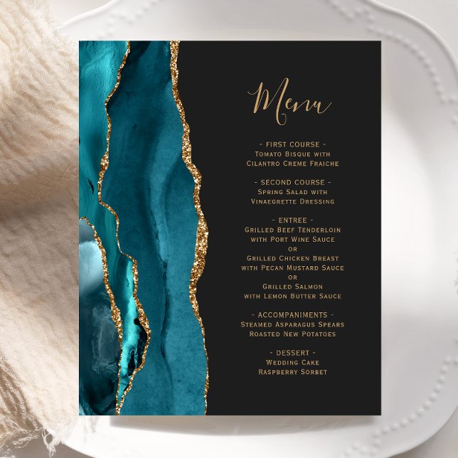 Budget Teal Gold Agate Dark Wedding Menu (Creator Uploaded)