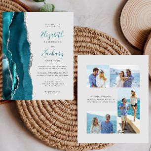 Budget Teal Gold Agate Grey 4-Photo Wedding Invite