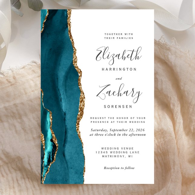Budget Teal Gold Agate Modern Wedding Invitation (Creator Uploaded)