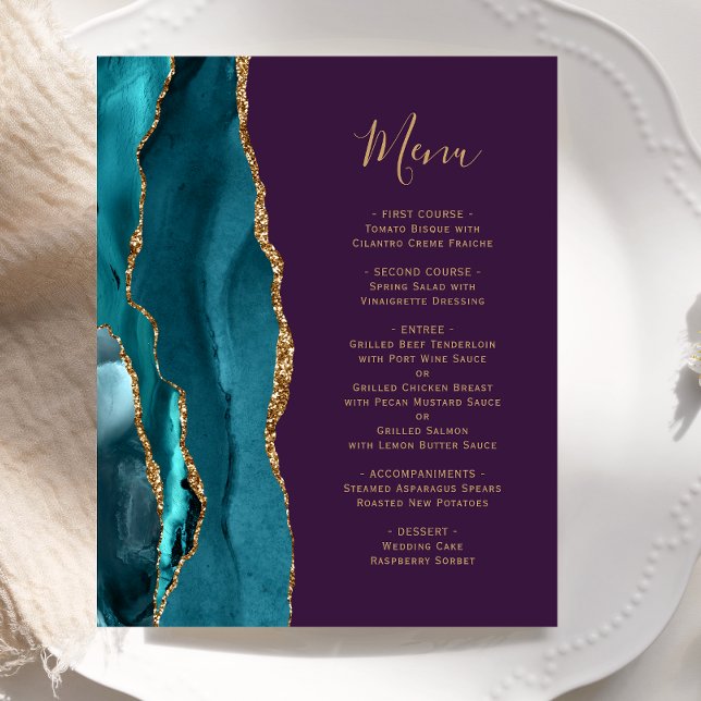 Budget Teal Gold Agate Purple Wedding Menu (Creator Uploaded)