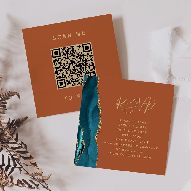 Budget Teal Gold Agate Rust Wedding QR Code RSVP Enclosure Card (Creator Uploaded)