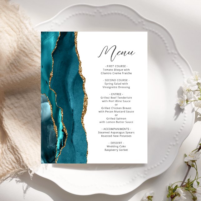 Budget Teal Gold Agate Script Wedding Menu (Creator Uploaded)