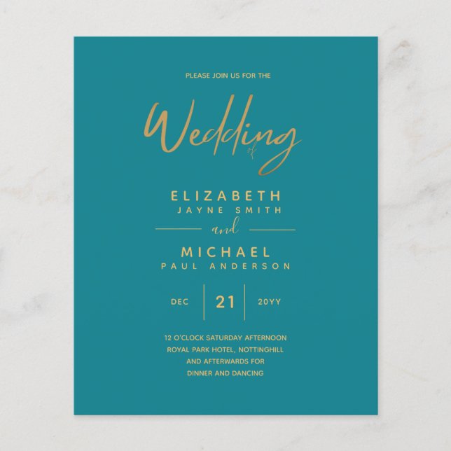 Budget Teal Gold Modern Simple Wedding Invitation (Front)