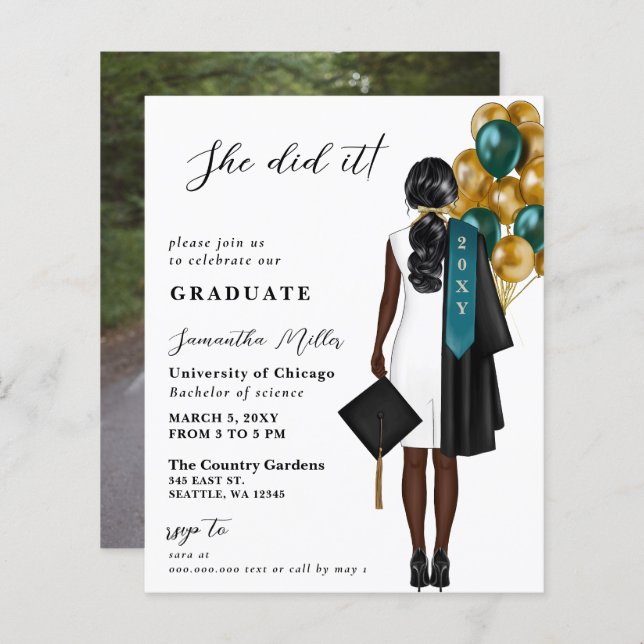Budget Teal Gold Photo She Did It Graduation (Front/Back)