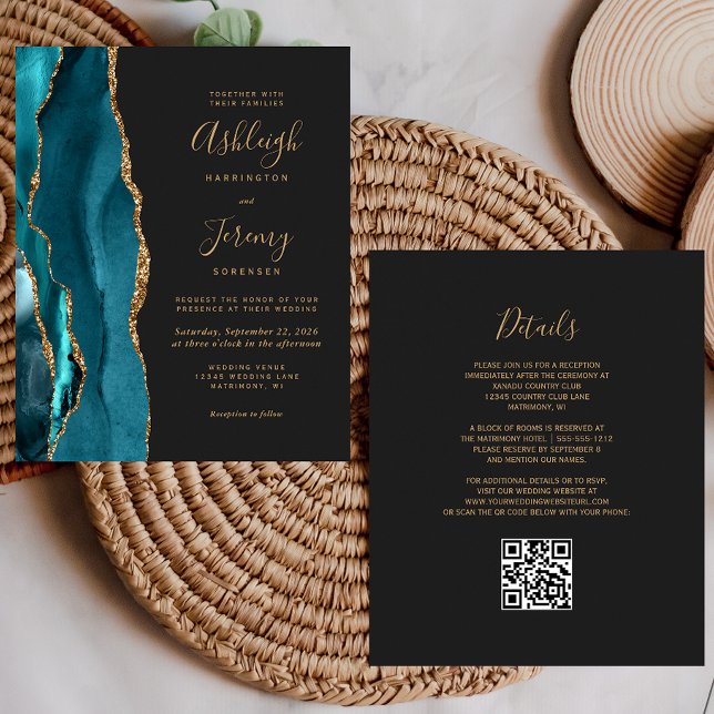 Budget Teal Gold QR Code Wedding Invitation (Creator Uploaded)