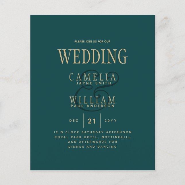 BUDGET TEAL Green Gold Monochrome Wedding Invite Flyer (Front)