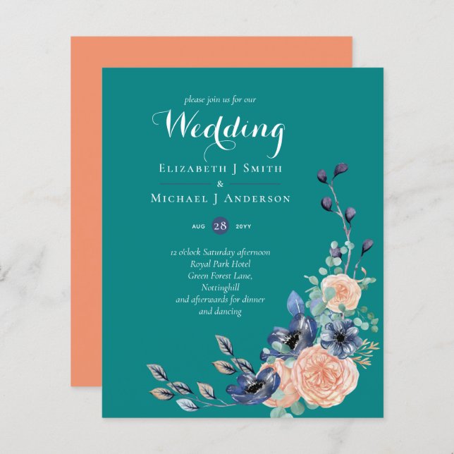 BUDGET Teal Navy Coral Floral Wedding Invitations (Front/Back)