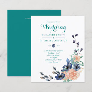 BUDGET Teal Navy Coral Floral Wedding Invitations