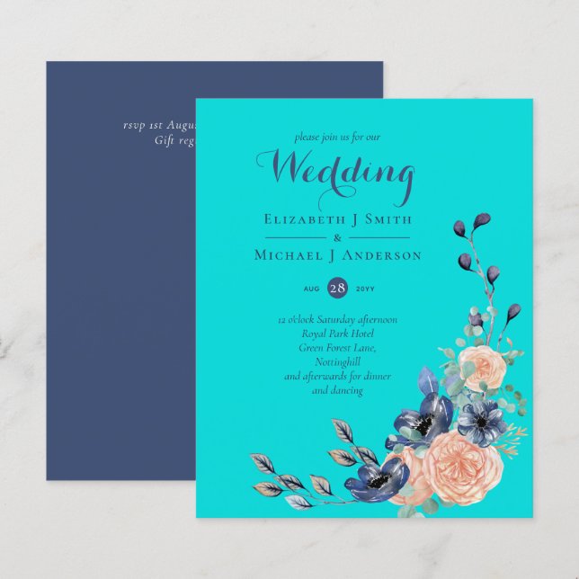 BUDGET  Teal Navy Coral Floral Wedding Invitations (Front/Back)
