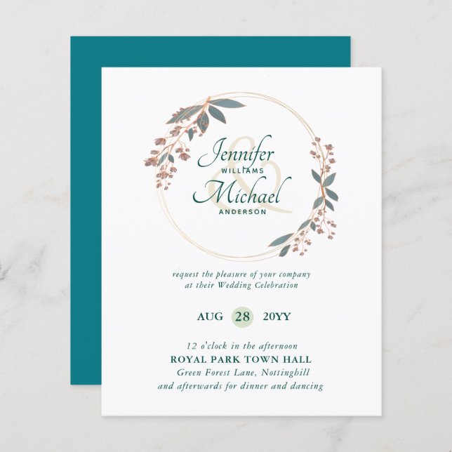 BUDGET Teal Orange Leaves Wedding Invitation (Front/Back)