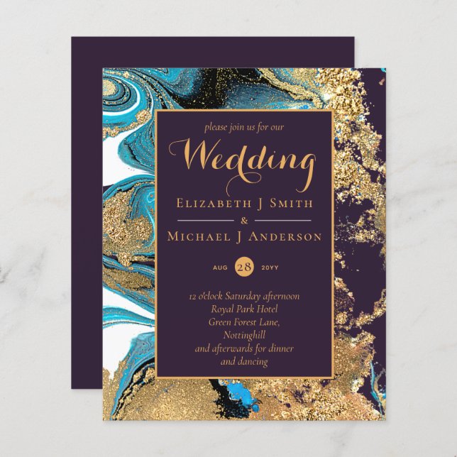 BUDGET Teal Purple Gold Agate Wedding Invite (Front/Back)