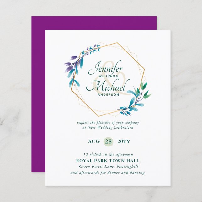 BUDGET Teal Purple Gold Wreath Wedding Invitations (Front/Back)