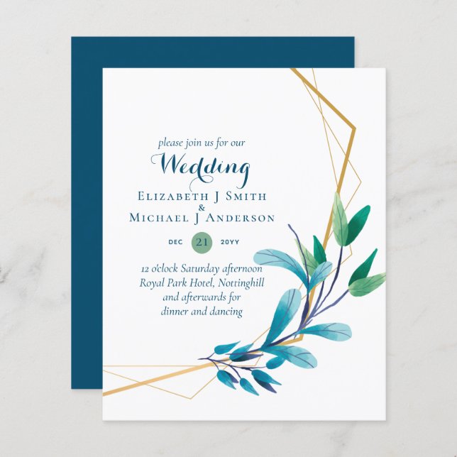 BUDGET Teal Purple Gold Wreath Wedding Invitations (Front/Back)