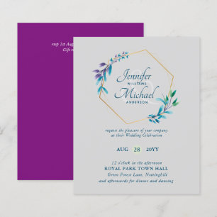 BUDGET Teal Purple Gold Wreath Wedding Invitations