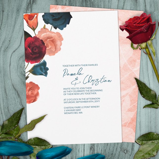 Budget Teal, Red, Sangria Roses Wedding Invitation (summer sangria berry wine red rose gold wedding color palette invitations roses botanical garden)
