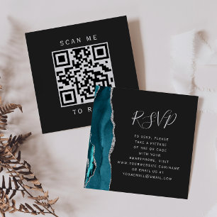 Budget Teal Silver Agate Dark Wedding QR Code RSVP Enclosure Card