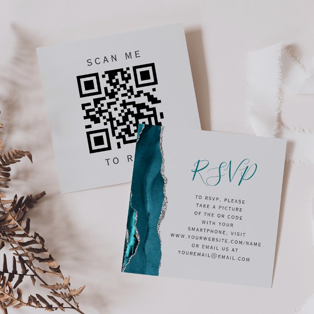 Budget Teal Silver Agate Grey Wedding QR Code RSVP Enclosure Card (Creator Uploaded)