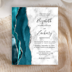 Budget Teal Silver Agate Marble Wedding Invite