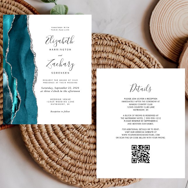Budget Teal Silver Agate QR Code Wedding Invite (Creator Uploaded)