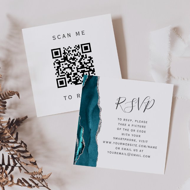 Budget Teal Silver Agate Wedding QR Code RSVP Enclosure Card (Creator Uploaded)