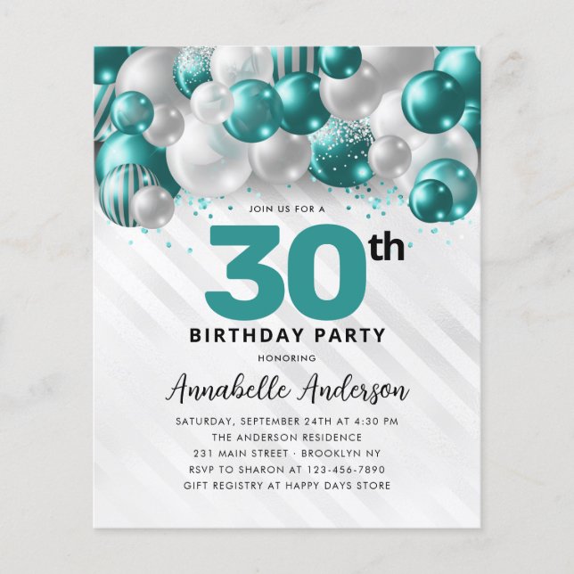 Budget Teal Silver Balloon Glitter 30th Birthday (Front)