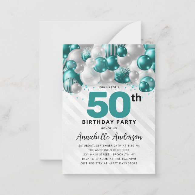 Budget Teal Silver Balloon Glitter 50th Birthday Card (Front)