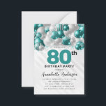Budget Teal Silver Balloon Glitter 80th Birthday Card<br><div class="desc">Modern Glam Teal Green Silver Balloon Glitter Sparkle Any Age Birthday Invitation</div>