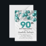 Budget Teal Silver Balloon Glitter 90th Birthday Card<br><div class="desc">Modern Glam Teal Green Silver Balloon Glitter Sparkle Any Age Birthday Invitation</div>