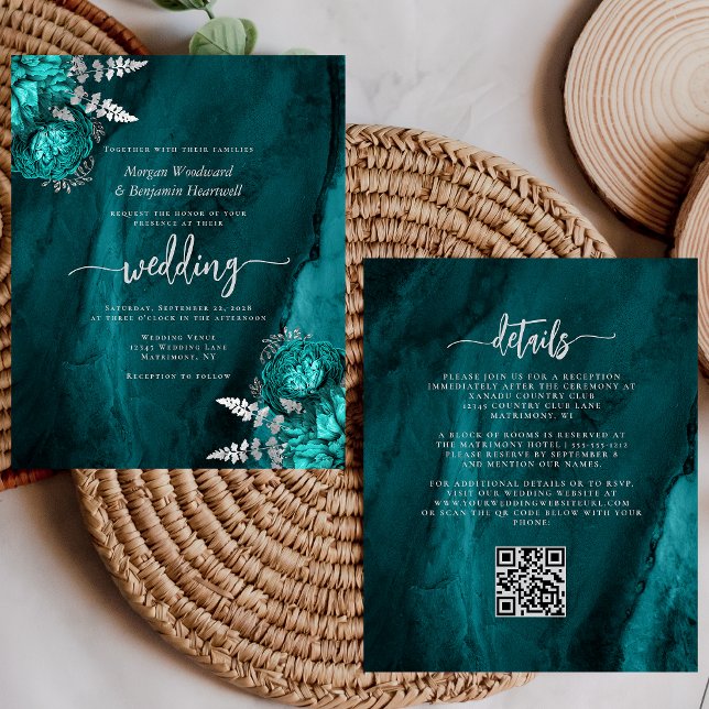 Budget Teal Silver Floral QR Code Wedding Invite (Creator Uploaded)