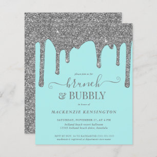 Budget Teal Silver Glitter Drips Brunch Bubbly