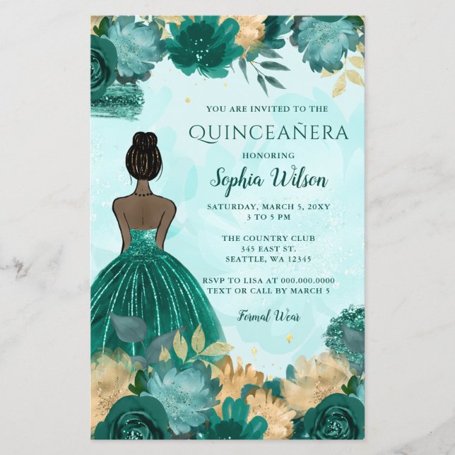 Budget Teal Turquoise Gold Princess Quinceañera  (Front)