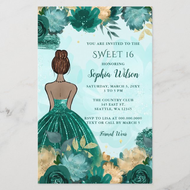 Budget Teal Turquoise Gold Princess Sweet 16  (Front)