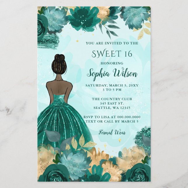 Budget Teal Turquoise Gold Princess Sweet 16  (Front)