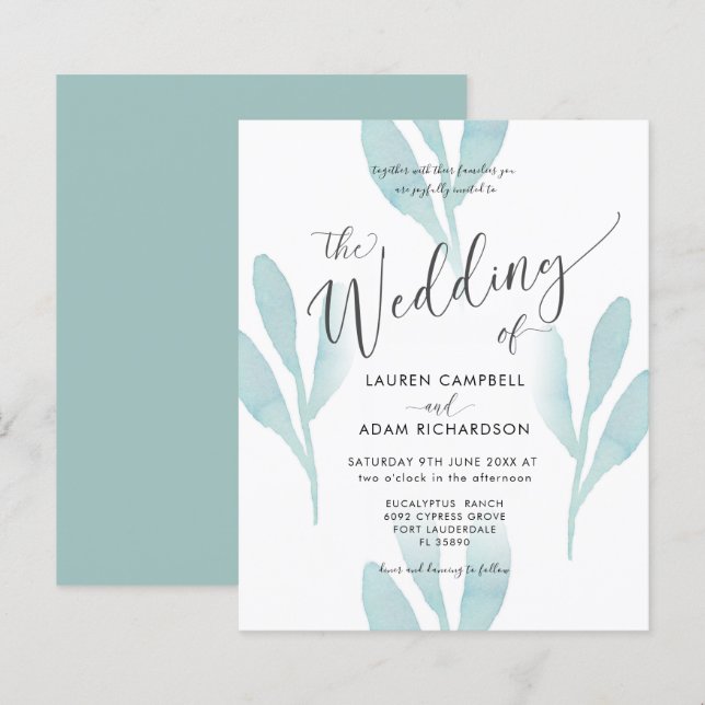 Budget Teal Watercolor Foliage Wedding Invitation (Front/Back)