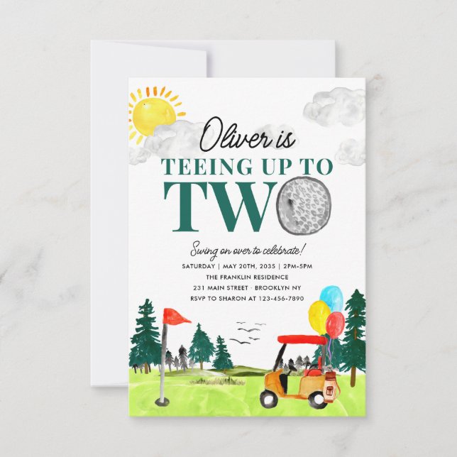 Budget Teeing to Two Golf Boy Golfing 2nd Birthday Card (Front)