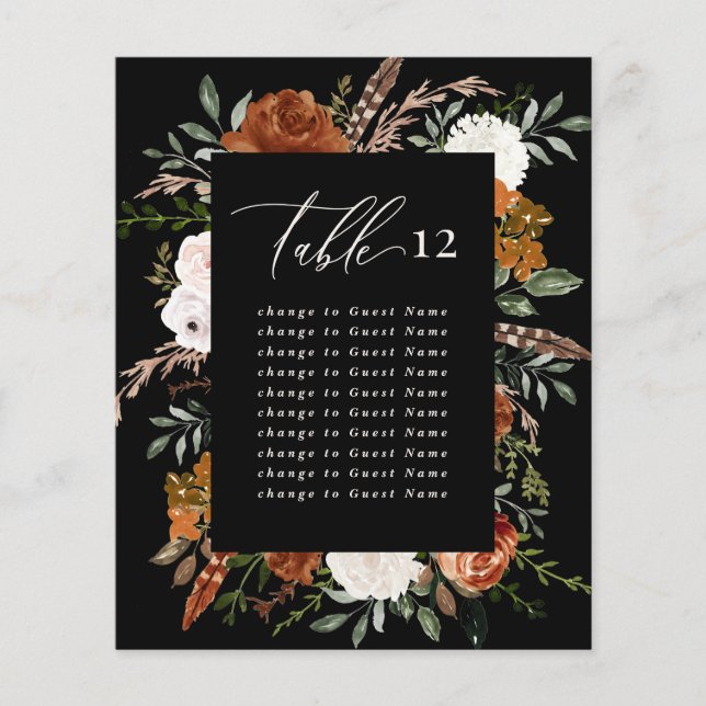 Budget terracotta black floral table seating plan (Front)