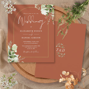Budget Terracotta Floral Gold Arch Wedding Invite