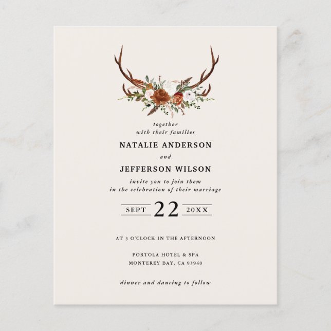Budget terracotta floral stag wedding invitation flyer (Front)