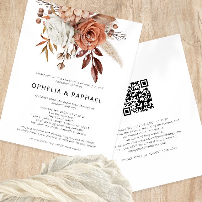 Budget Terracotta Florals QR Code Bohemian Wedding (Front and back view)