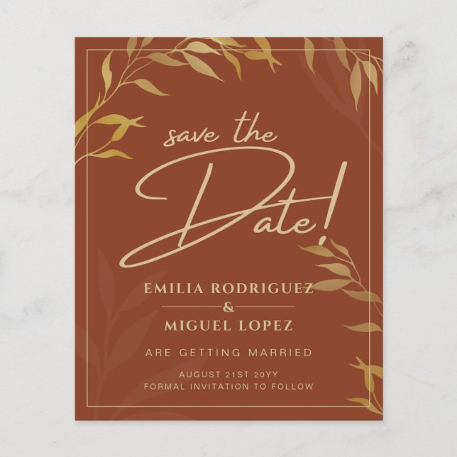 Budget Terracotta GOLD Wedding Save The Dates Flyer (Front)
